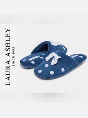 Laura Ashley Atlantic Blue & White Dot Soft Terry Mule Slippers L 8-8½ NEW